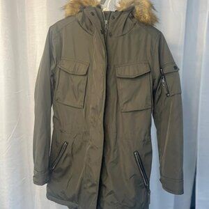 S13 New York Army Green Fleece Lined Parka with Fur Trim - Size M